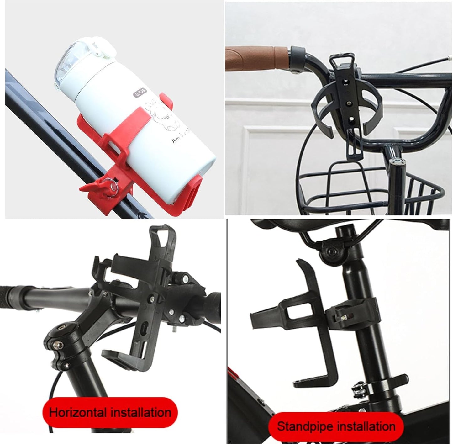 2 Pack Bike Bottle Holder, Universal Bicycle Water Bottle Cage Holder, Water Cup Holder for Bike Stroller Walker, Adjustable Mountain Bike Drink Cup with 360 Degree Rotating for Cycling MTB Black+Red