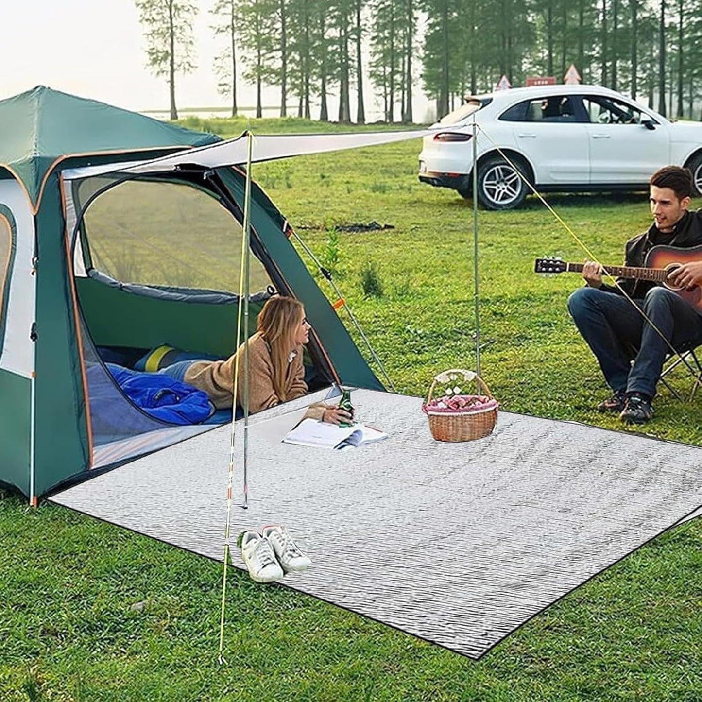 200*200CM Aluminium Foil Camping Mat, Insulating Waterproof Thermal Foam Sleeping Mat For Camping, Sleeping Roll Pad Of Aluminum Foil, Foldable Double-sided Tent Mat For Outdoor Camping Hiking Picnic