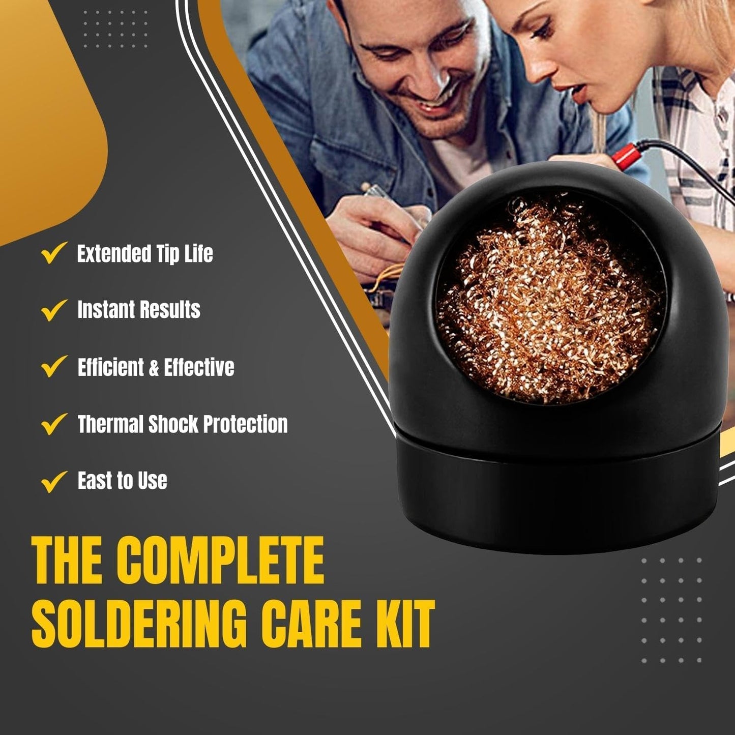 Solder Cleaner with Brass Wool Soldering Wire Sponge and Black, Dome-Shaped, Non-Slip Solder Sponge Tray Housing, Soldering Iron Tip Cleaner, No Water Needed