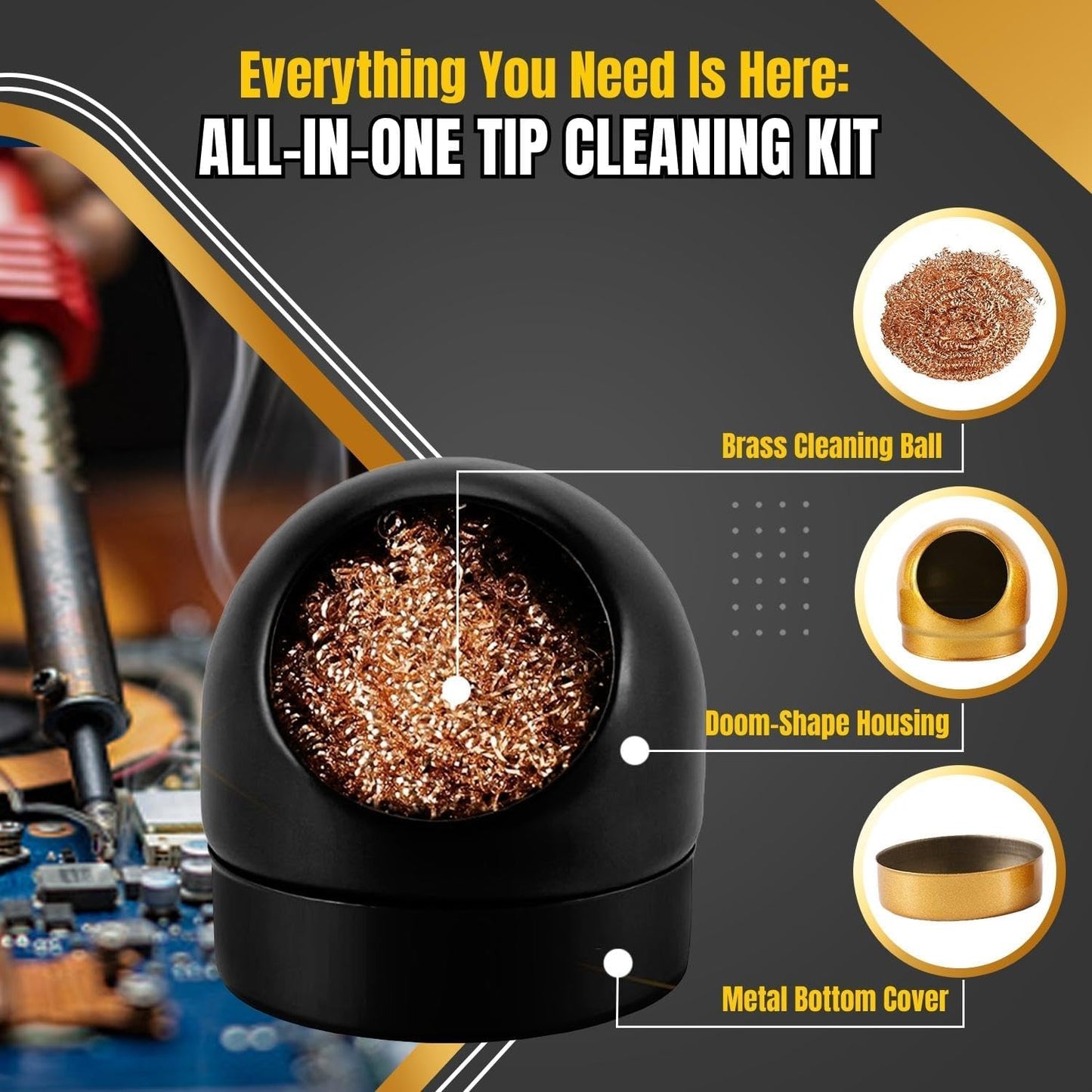 Solder Cleaner with Brass Wool Soldering Wire Sponge and Black, Dome-Shaped, Non-Slip Solder Sponge Tray Housing, Soldering Iron Tip Cleaner, No Water Needed