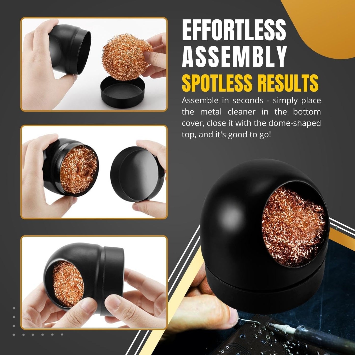 Solder Cleaner with Brass Wool Soldering Wire Sponge and Black, Dome-Shaped, Non-Slip Solder Sponge Tray Housing, Soldering Iron Tip Cleaner, No Water Needed