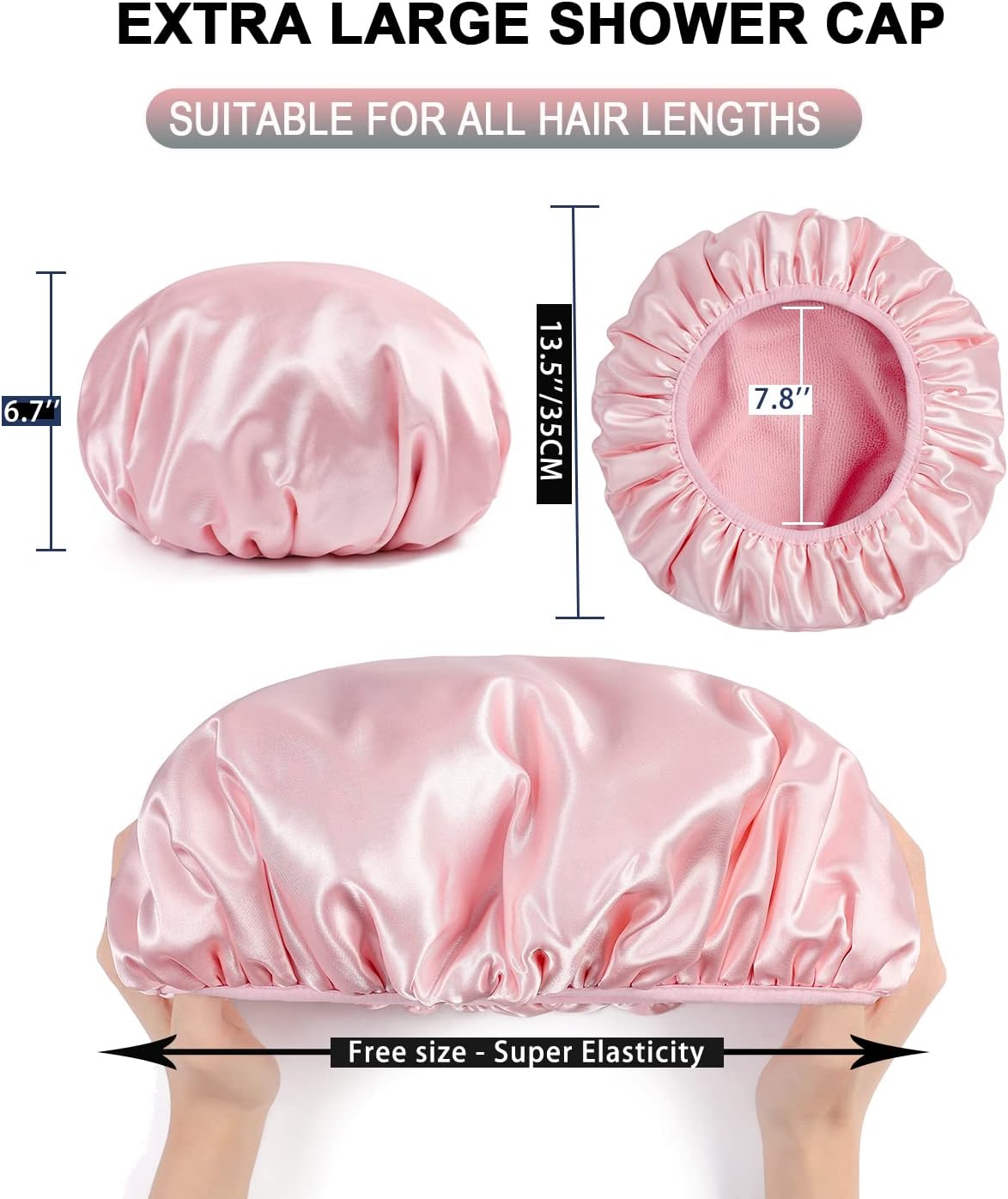 Terry Lined Shower Cap,Triple Layer Large Cap for Women,Shower Cap Reusable Waterproof,Long Thick Hair(Pink)