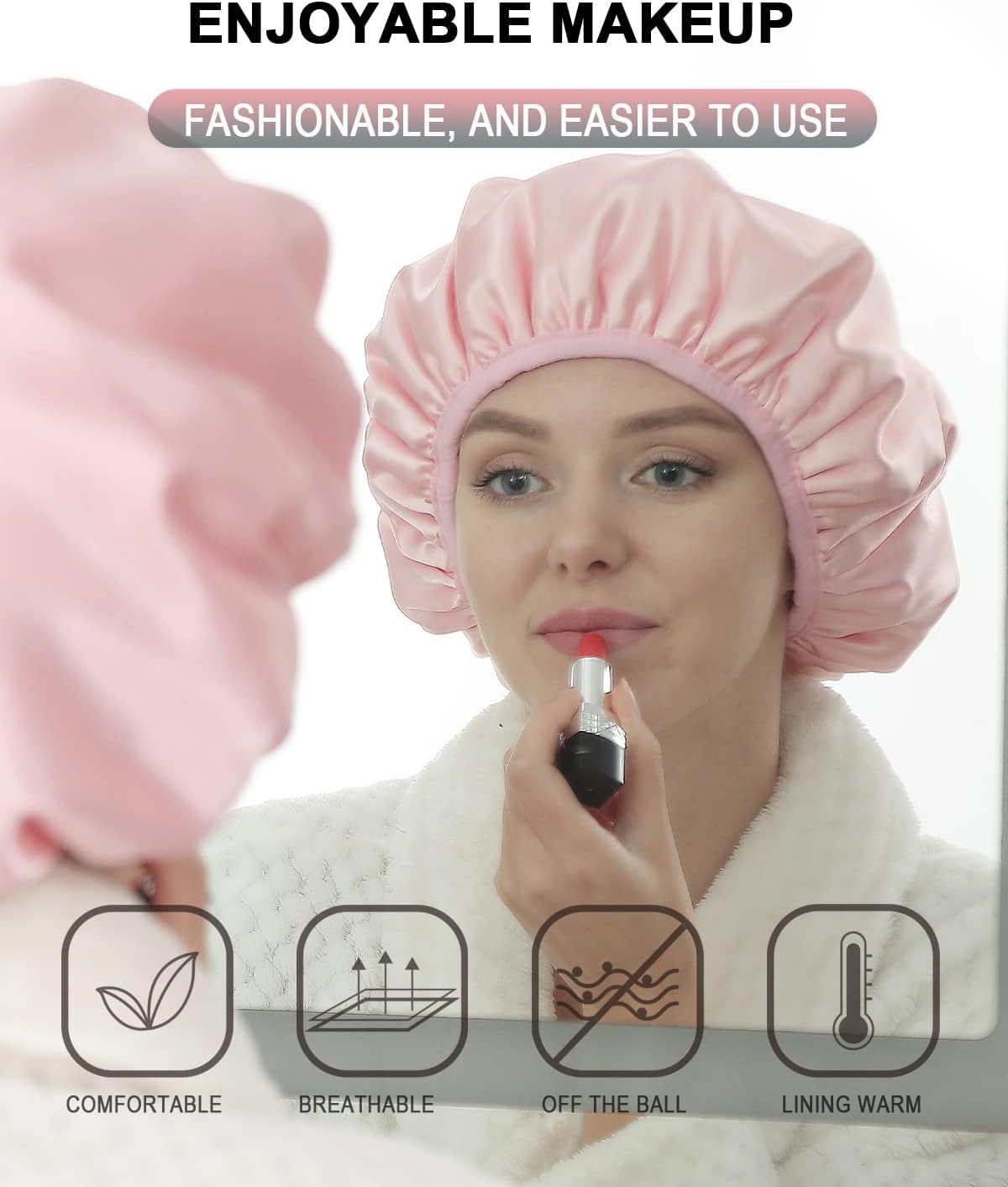 Terry Lined Shower Cap,Triple Layer Large Cap for Women,Shower Cap Reusable Waterproof,Long Thick Hair(Pink)