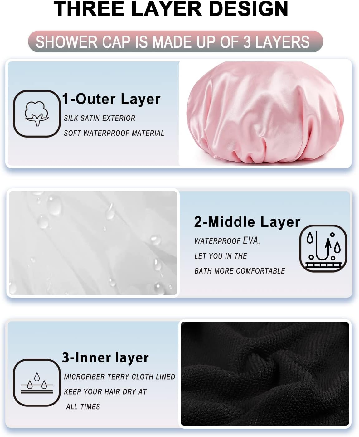 Terry Lined Shower Cap,Triple Layer Large Cap for Women,Shower Cap Reusable Waterproof,Long Thick Hair(Pink)