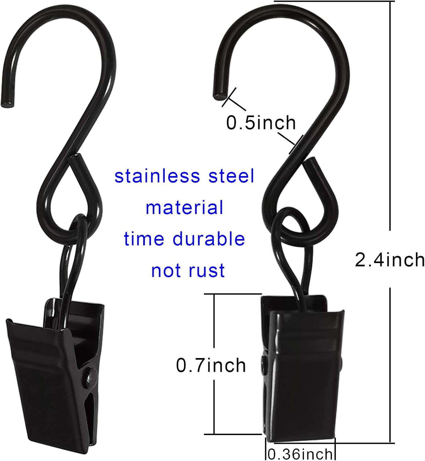 Stainless Steel S Hooks Curtain Clips, 50 Pack Hanging Party Lights Clips Hangers Gutter Photo, Art Craft Display, 2.4 Inch Long, Black Long -