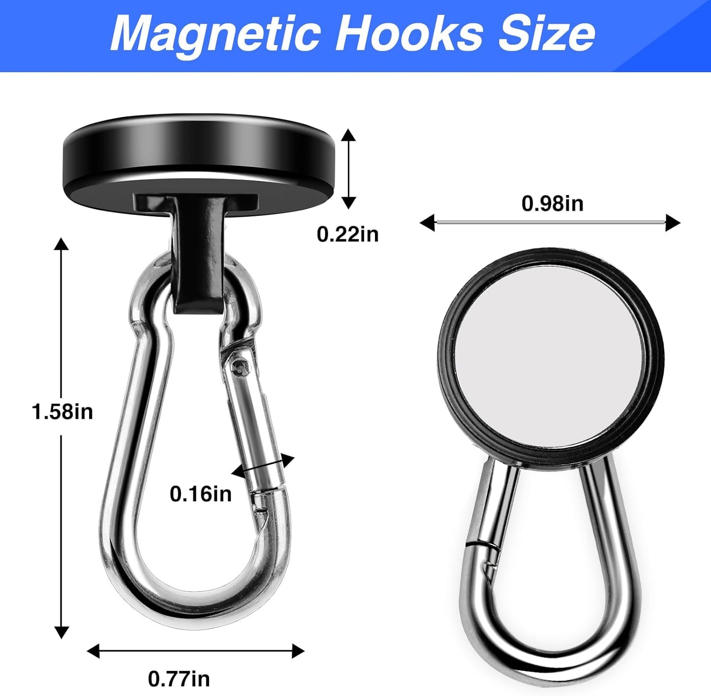 Strong Magnetic Hooks, 70LBS Hooks Heavy Duty Neodymium Magnets with Carabiner Hook, Magnet Swivel for Kitchen, Hanging, Cruise, Grill, Refrigerator - 12 Pack Black 2in x 0.98in