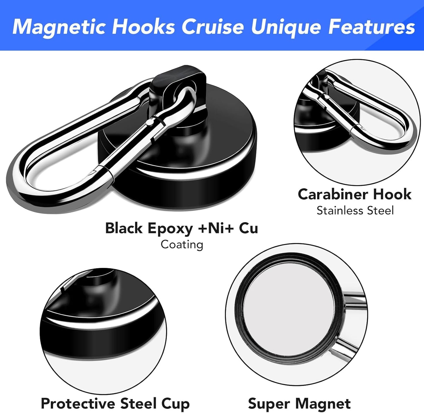 Strong Magnetic Hooks, 70LBS Hooks Heavy Duty Neodymium Magnets with Carabiner Hook, Magnet Swivel for Kitchen, Hanging, Cruise, Grill, Refrigerator - 12 Pack Black 2in x 0.98in