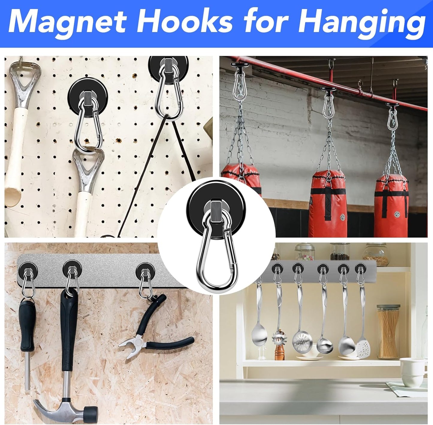 Strong Magnetic Hooks, 70LBS Hooks Heavy Duty Neodymium Magnets with Carabiner Hook, Magnet Swivel for Kitchen, Hanging, Cruise, Grill, Refrigerator - 12 Pack Black 2in x 0.98in