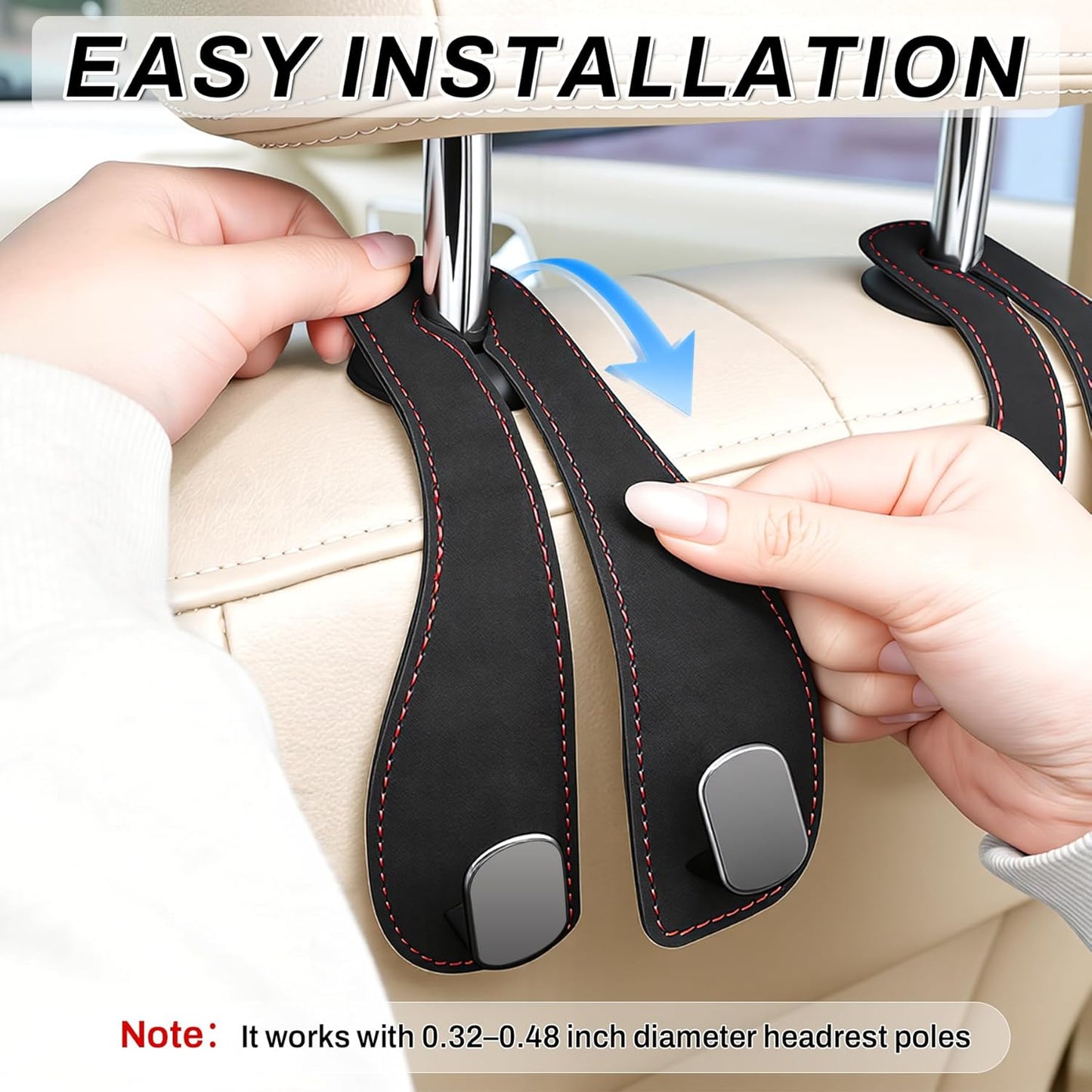 2PCS Car Purse Holder Hook, Seat Back Storage Leather-Wrapped Alloy Double Headrest Hook for Purses & Bags, Cute Interior Accessories Women and Men, Black -