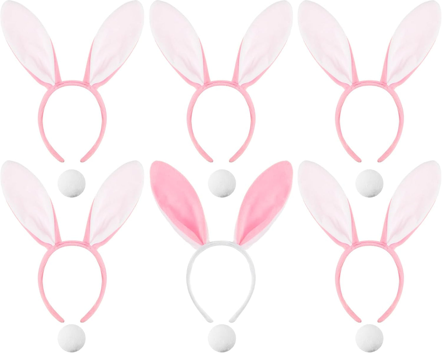 6 Sets Easter Bunny Ears Headbands and Tail, Long Furry Plush Rabbit Ear Headband for Bachelorette Wedding Cosplay White -