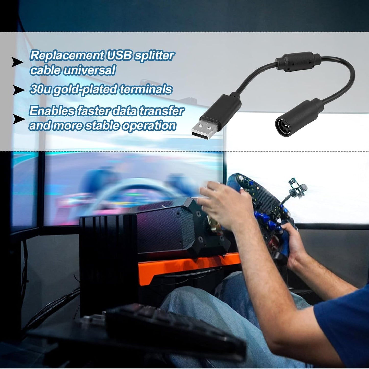 2pcs USB Breakaway Cable, Replacement Cord Adapter Cable for Logitech G920 Driving Force Thrustmaster Ferrari 458 Game Wired Controllers, Fast Data Transmission (Black) -