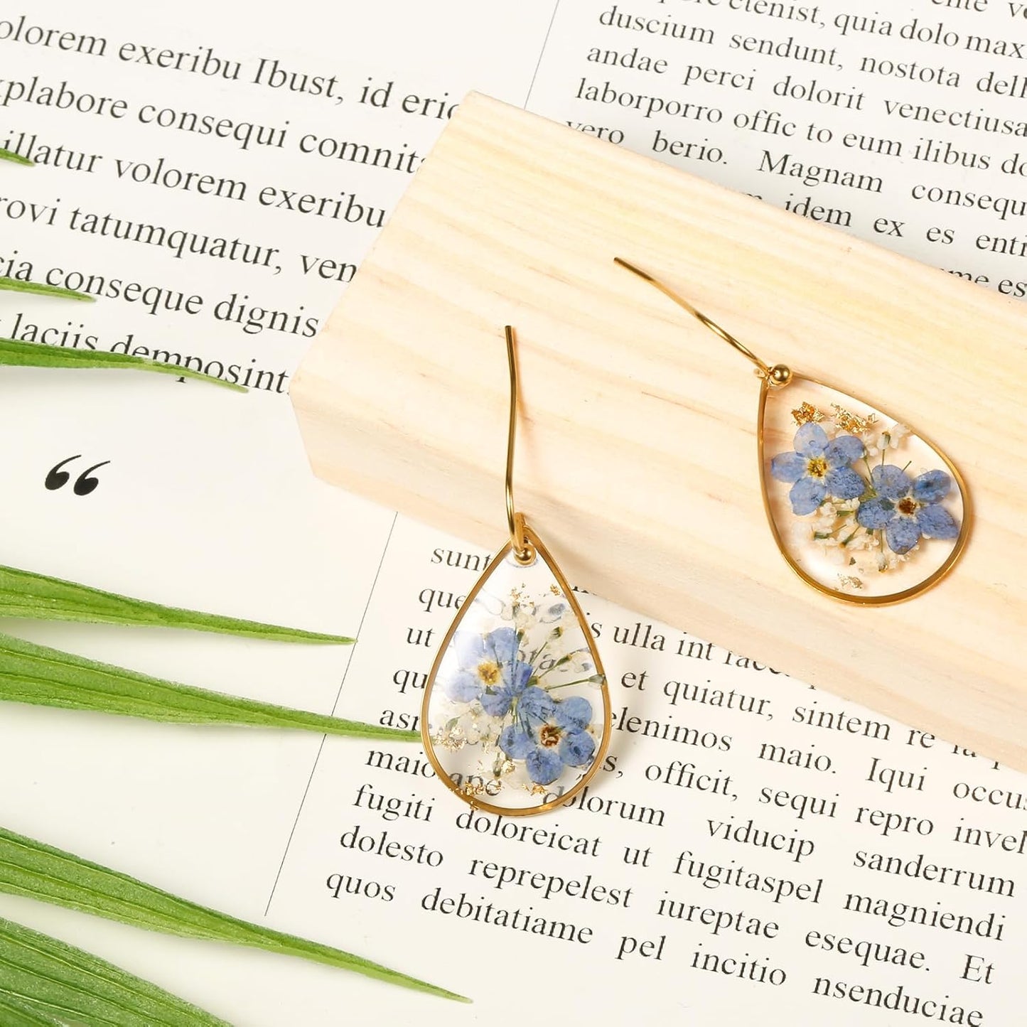 Flower Teardrop Earrings Forget Me Not 14K Gold Plated Dangle Elegant Sweet Pressed for Women Girls Tear Drop Jewelry -