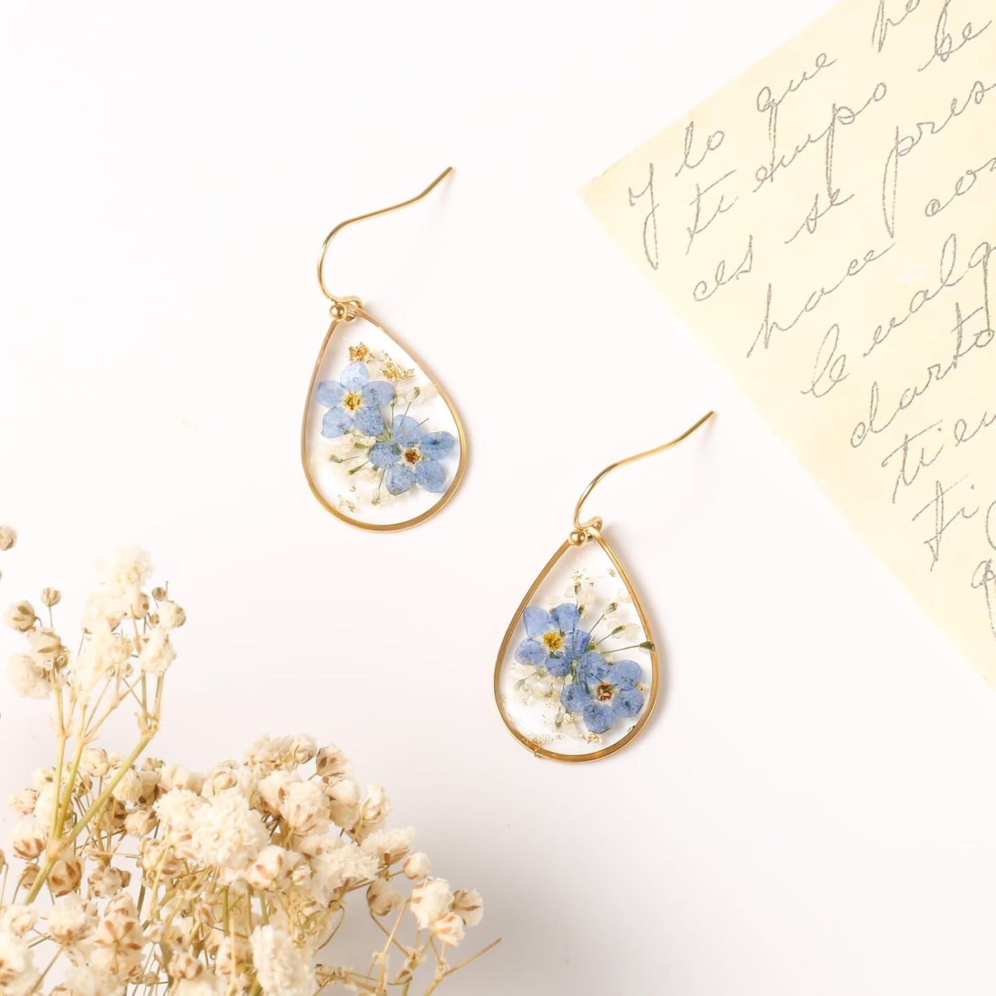 Flower Teardrop Earrings Forget Me Not 14K Gold Plated Dangle Elegant Sweet Pressed for Women Girls Tear Drop Jewelry -