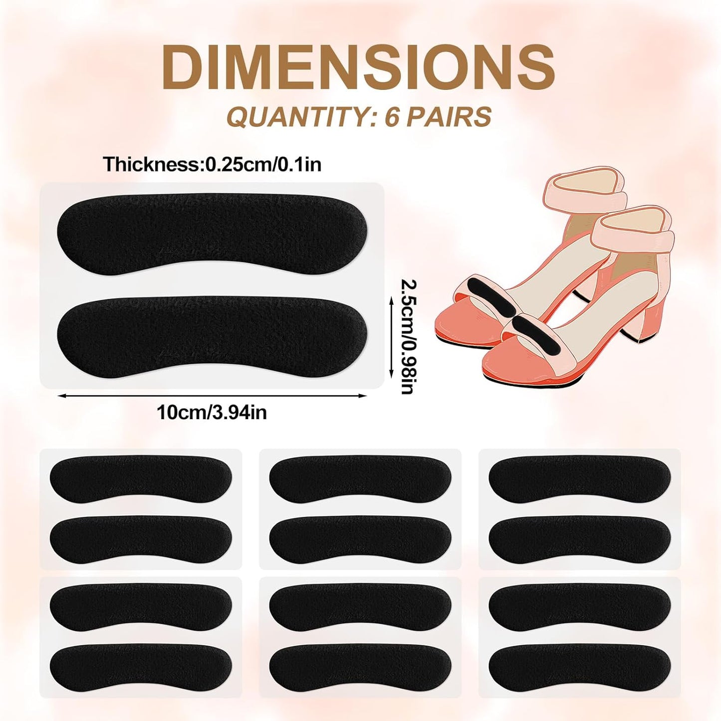 6 Pcs Sandal Strap Cushion Strips, Cushioning Insert Pads Self-Adhesive Soft Heel Grips Liner for Loose Shoes Prevent Friction Slipping (Black) Black -