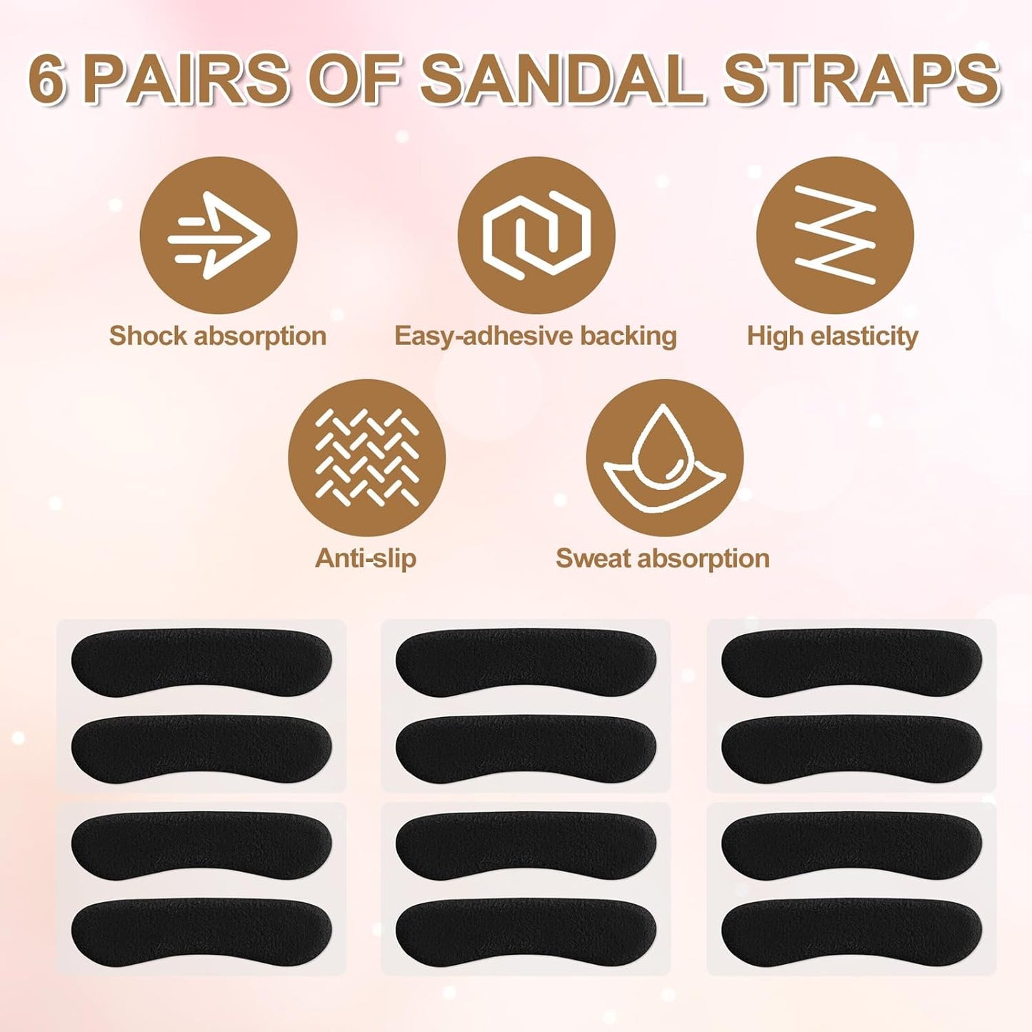 6 Pcs Sandal Strap Cushion Strips, Cushioning Insert Pads Self-Adhesive Soft Heel Grips Liner for Loose Shoes Prevent Friction Slipping (Black) Black -