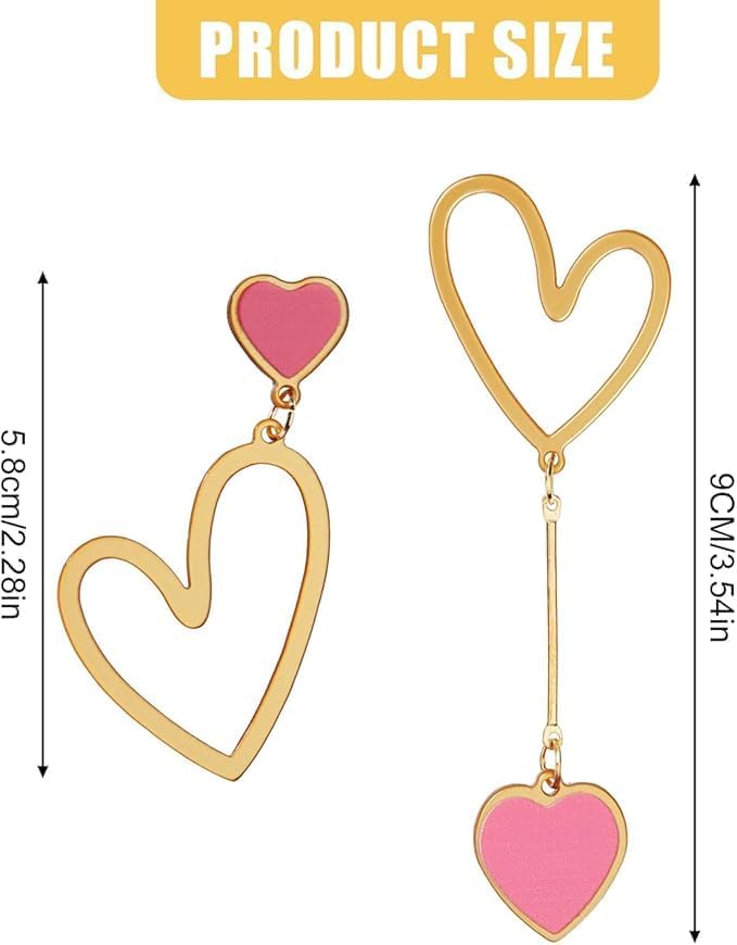 Asymmetric Heart Earrings, Hollow Stud Earrings Long Love Pendant Big Dangle Costume Jewelry for Women Christmas Party Valentines Day -