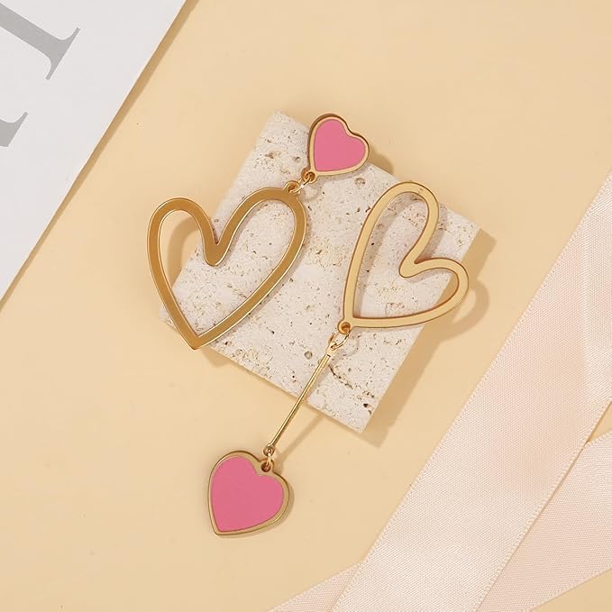 Asymmetric Heart Earrings, Hollow Stud Earrings Long Love Pendant Big Dangle Costume Jewelry for Women Christmas Party Valentines Day -