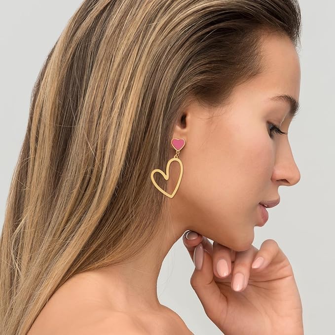 Asymmetric Heart Earrings, Hollow Stud Earrings Long Love Pendant Big Dangle Costume Jewelry for Women Christmas Party Valentines Day -