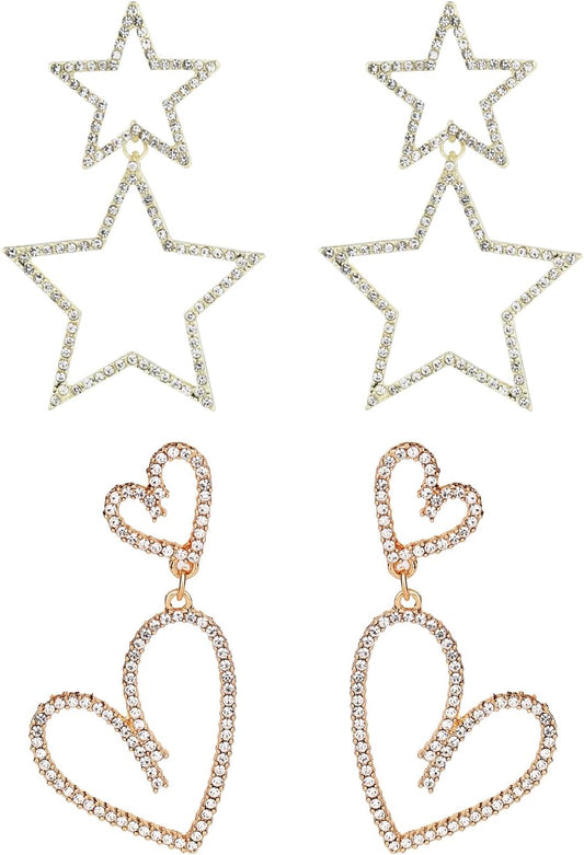 2 Pairs Rhinestone Big Star Earrings, Love Heart Dangle Earrings Crystal Sparkly Drop Jewelry for Women Wedding Birthday Party Valentines Day (Gold) -