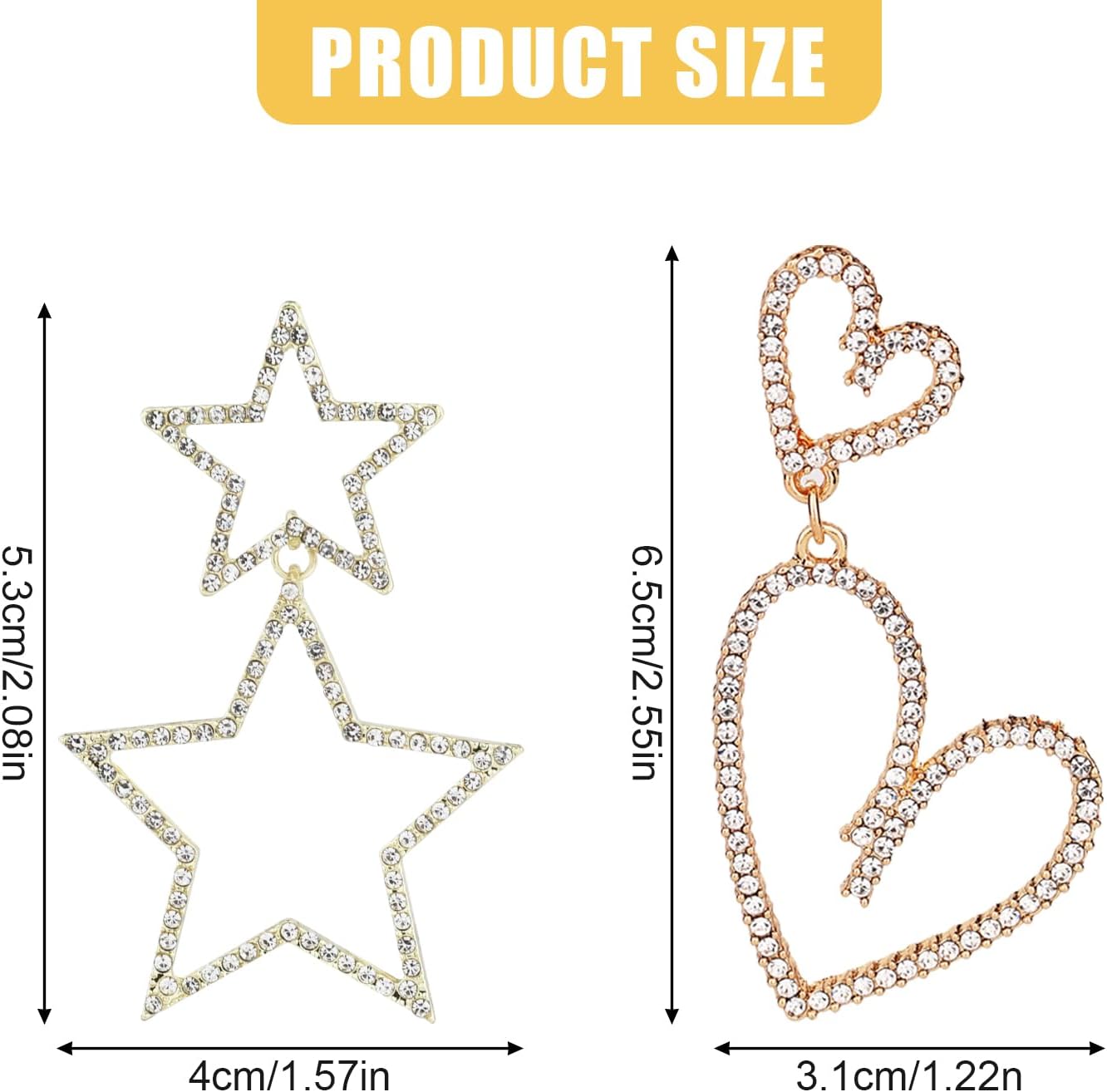 2 Pairs Rhinestone Big Star Earrings, Love Heart Dangle Earrings Crystal Sparkly Drop Jewelry for Women Wedding Birthday Party Valentines Day (Gold) -