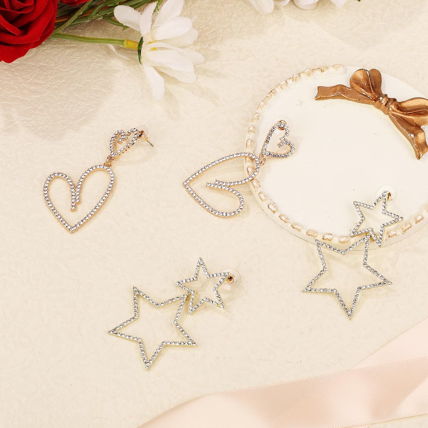 2 Pairs Rhinestone Big Star Earrings, Love Heart Dangle Earrings Crystal Sparkly Drop Jewelry for Women Wedding Birthday Party Valentines Day (Gold) -