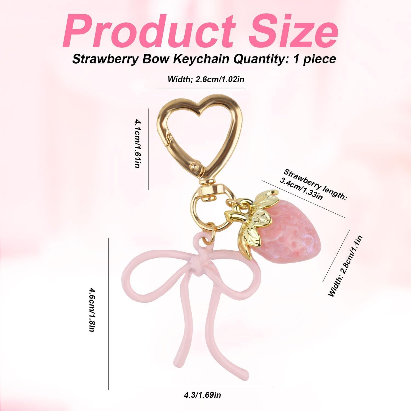 Cute Strawberry Keychain with Bow, Kawaii Bow Heart Key Chains Pink Bag Charms Aesthetic Accessories for Purse Backpack Handbag -