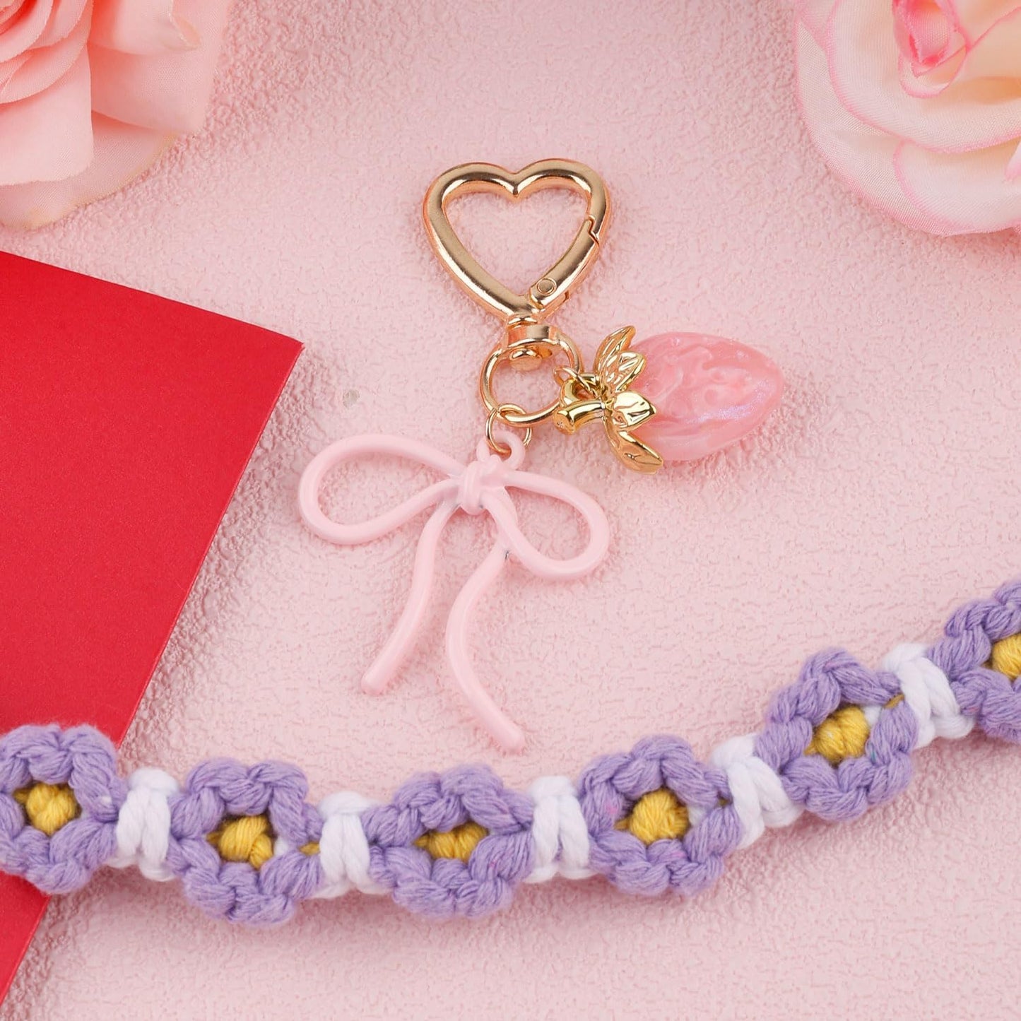 Cute Strawberry Keychain with Bow, Kawaii Bow Heart Key Chains Pink Bag Charms Aesthetic Accessories for Purse Backpack Handbag -