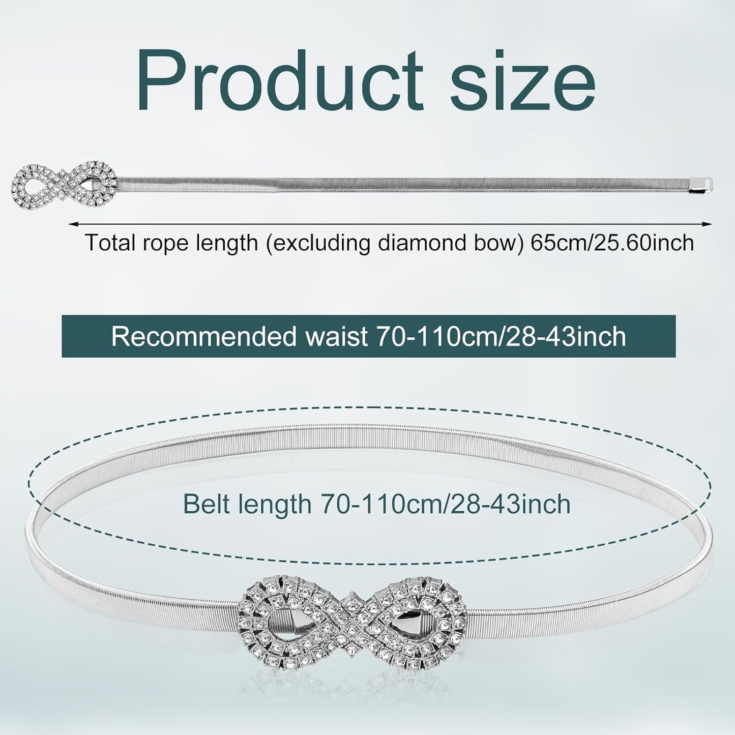 Metal Bow Belt, Women's Rhinestone Belt Silver Waist Stretchy Bow-Knot Chain Shinny Waistband Tie Rope for Dresses Jeans Gift -
