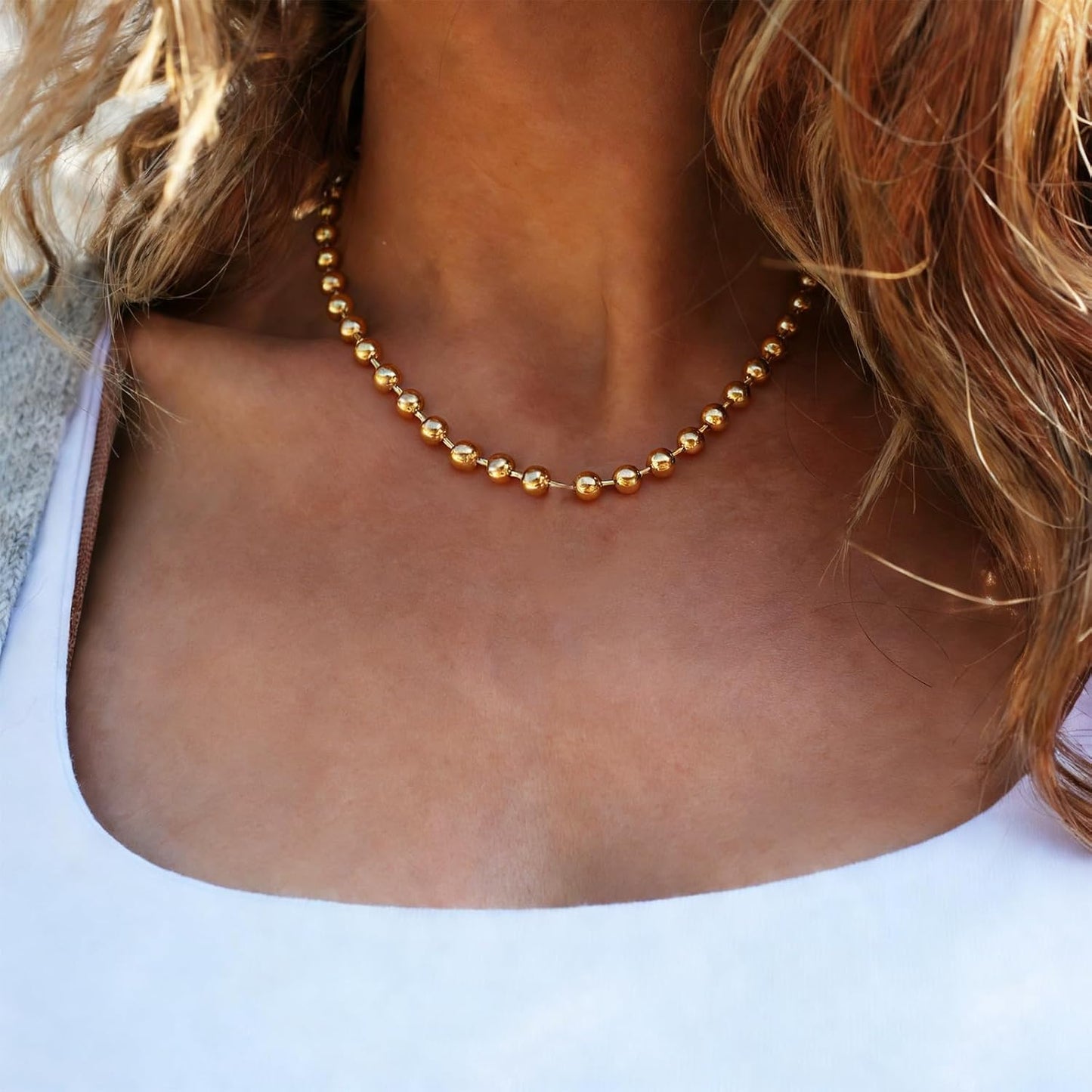 Silver-tone Beaded Chain Necklace, Titanium Steel Bead Ball Necklace Y2K Punk for Women Men Gift Gold 0.24 in x 18