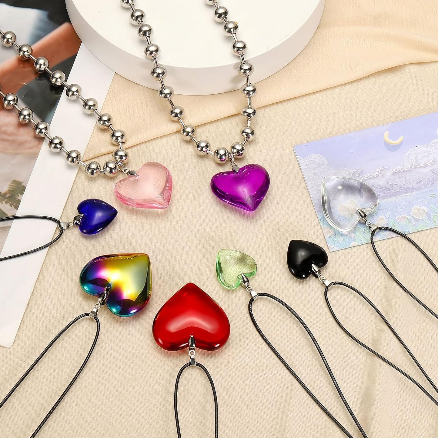 Glass Heart Shape Pendant Necklace, Alloy Chain Love Charms Necklace Red -