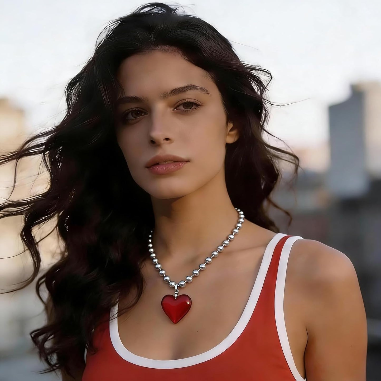 Glass Heart Shape Pendant Necklace, Alloy Chain Love Charms Necklace Red -