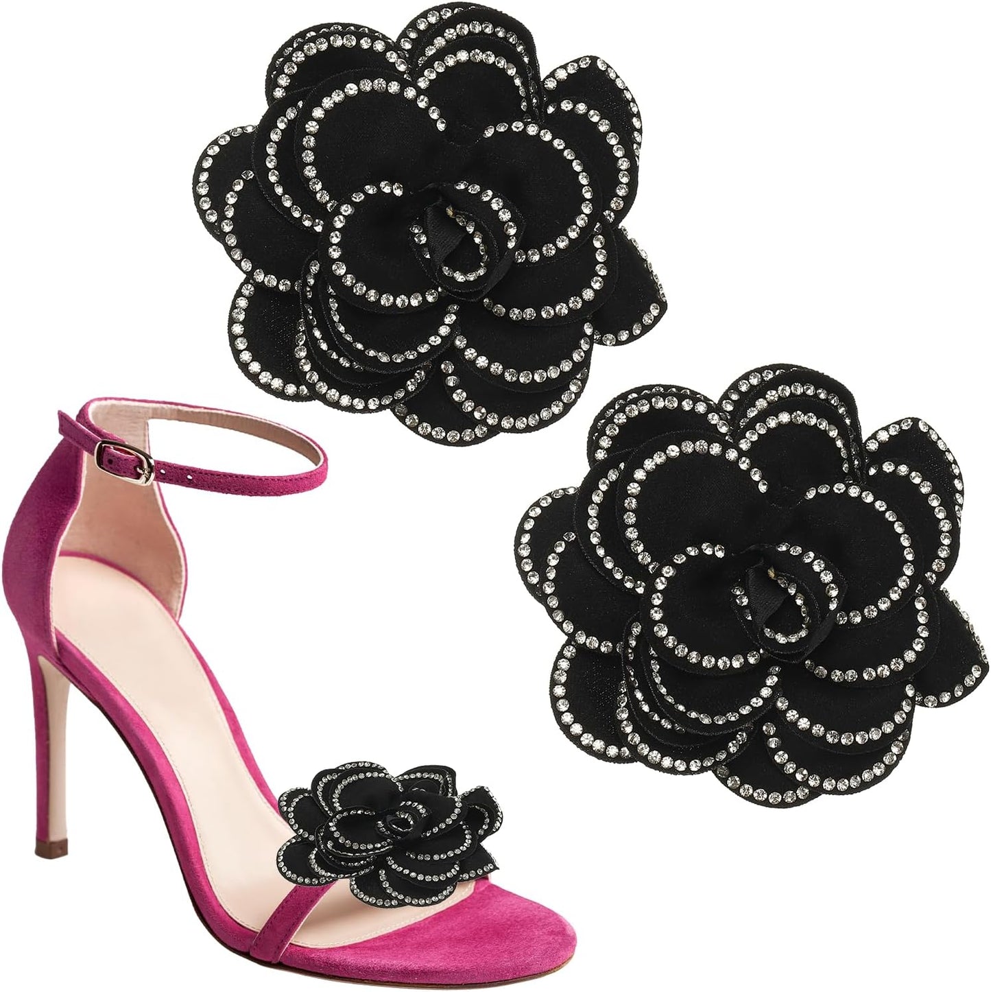 Decorative Shoe Clips, Removable Bow Clip Flower Rhinestone Charms for Women Dress High Heels Accessories Black 3 Inch