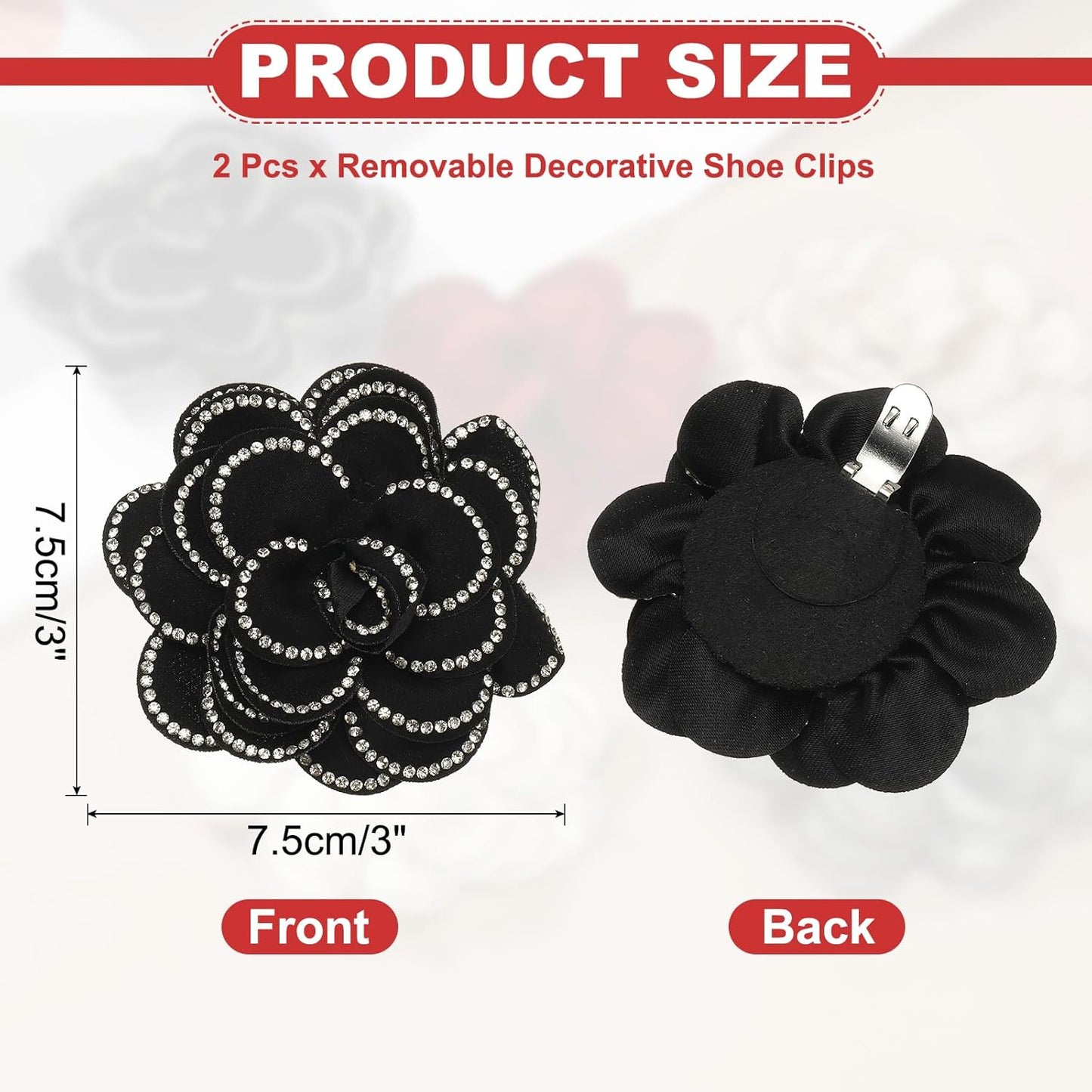 Decorative Shoe Clips, Removable Bow Clip Flower Rhinestone Charms for Women Dress High Heels Accessories Black 3 Inch