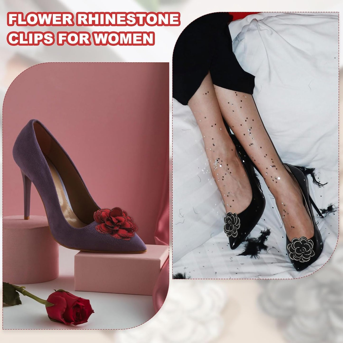 Decorative Shoe Clips, Removable Bow Clip Flower Rhinestone Charms for Women Dress High Heels Accessories Black 3 Inch