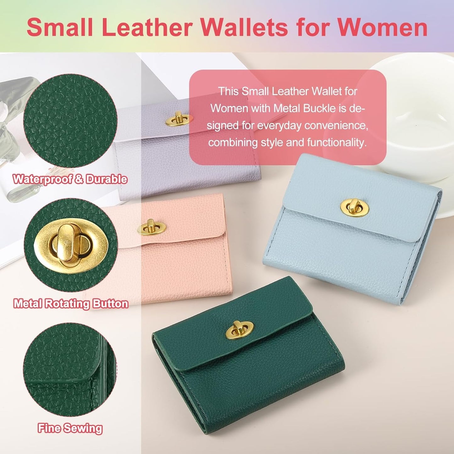 Small Leather Wallets for Women with Metal Buckle, Stylish Card Holder Wallet Case Coin Purse Cash Business Men and Women, Dark Green -