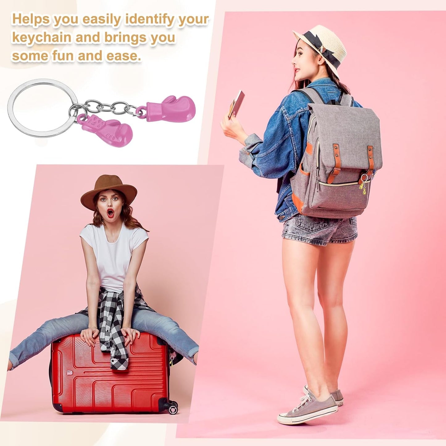 Boxing Keychain, Mini Cute Gloves Key Chain Sport Pendant Rings Bag Backpack Decor Pink -