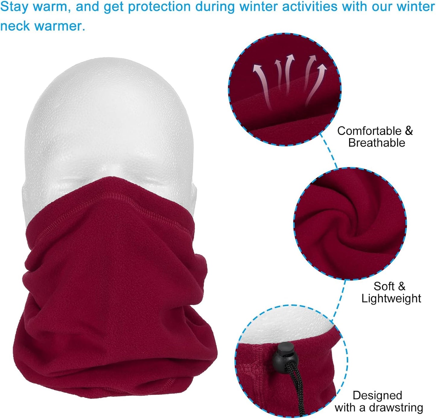 Winter Neck Warmer, Drawstring Warm Face Scarf Covering Windproof Gaiter for Men Women Wine Red -