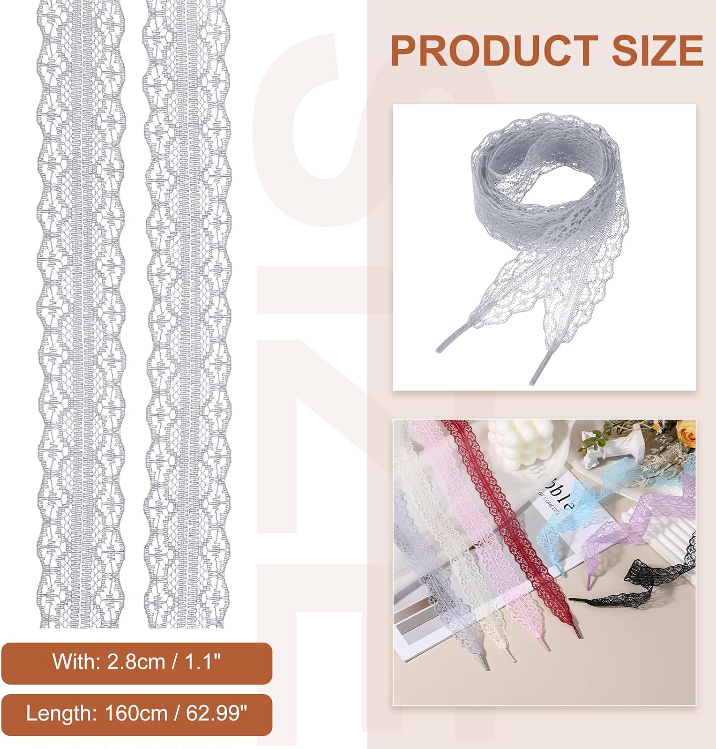 Lace Shoelaces, Fashion Flat Fancy Hollow Shoestring Ribbon Shoe Laces for Women Girls Adult Casual Gray 62.99"