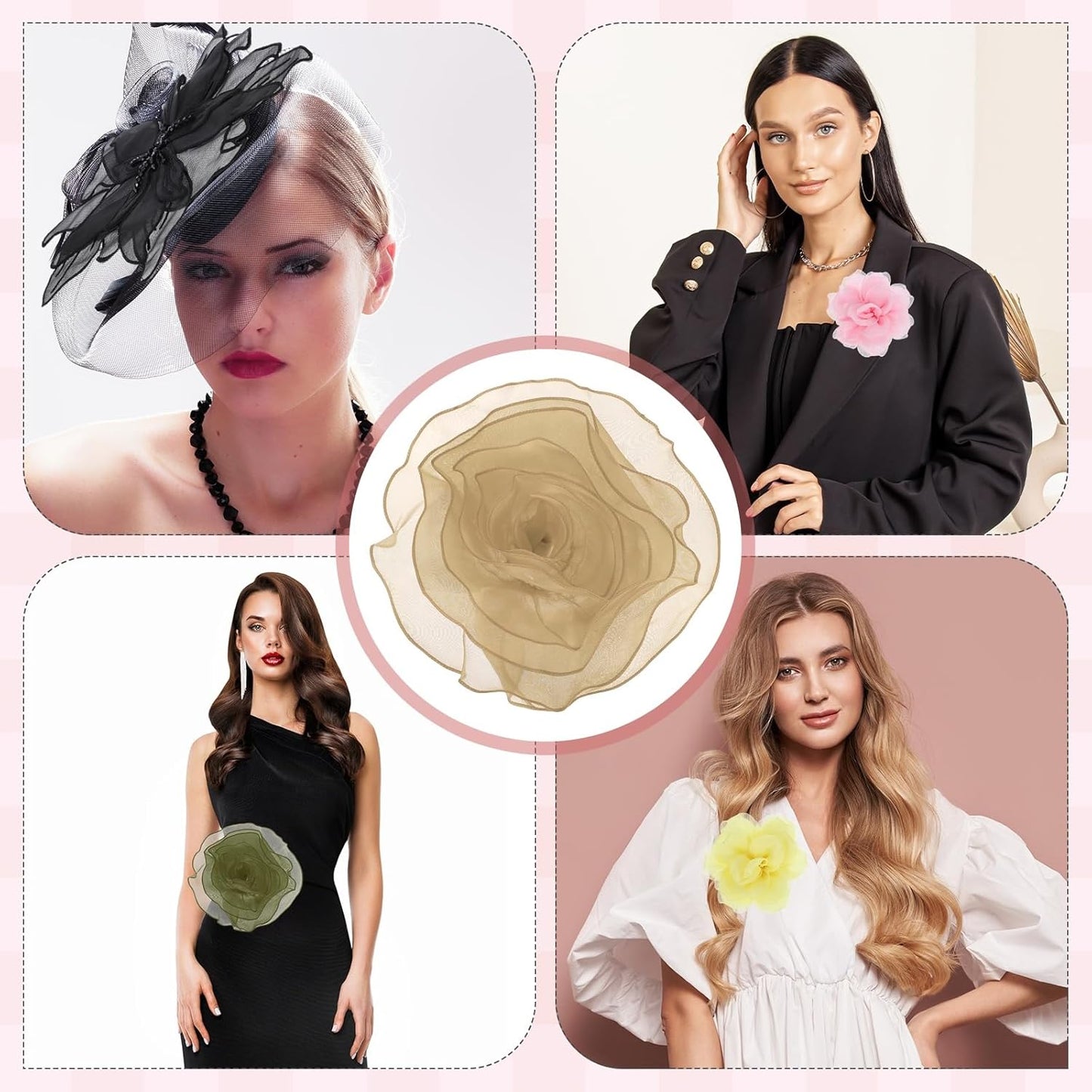 Large Satin Fabric Flower Brooch for Women Organza Elegant Floral Pins Brooches Wedding Dance Party Clothes Dress Hat Accessories Green, Khaki -
