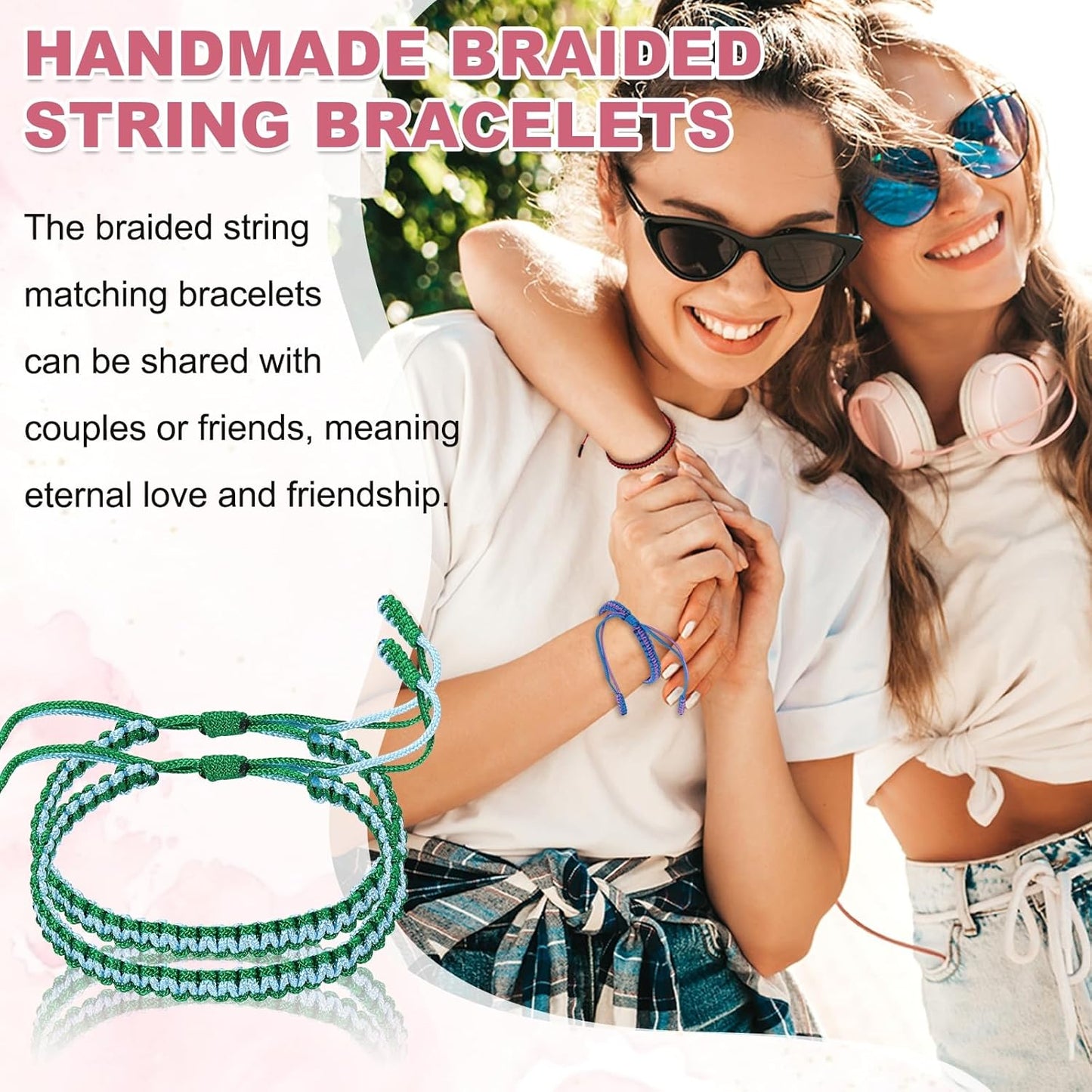 2pcs Handmade Braided String Bracelets for Couple, Adjustable Rope Matching Tibetan Lucky Protection Wristbands Lake Blue Green -
