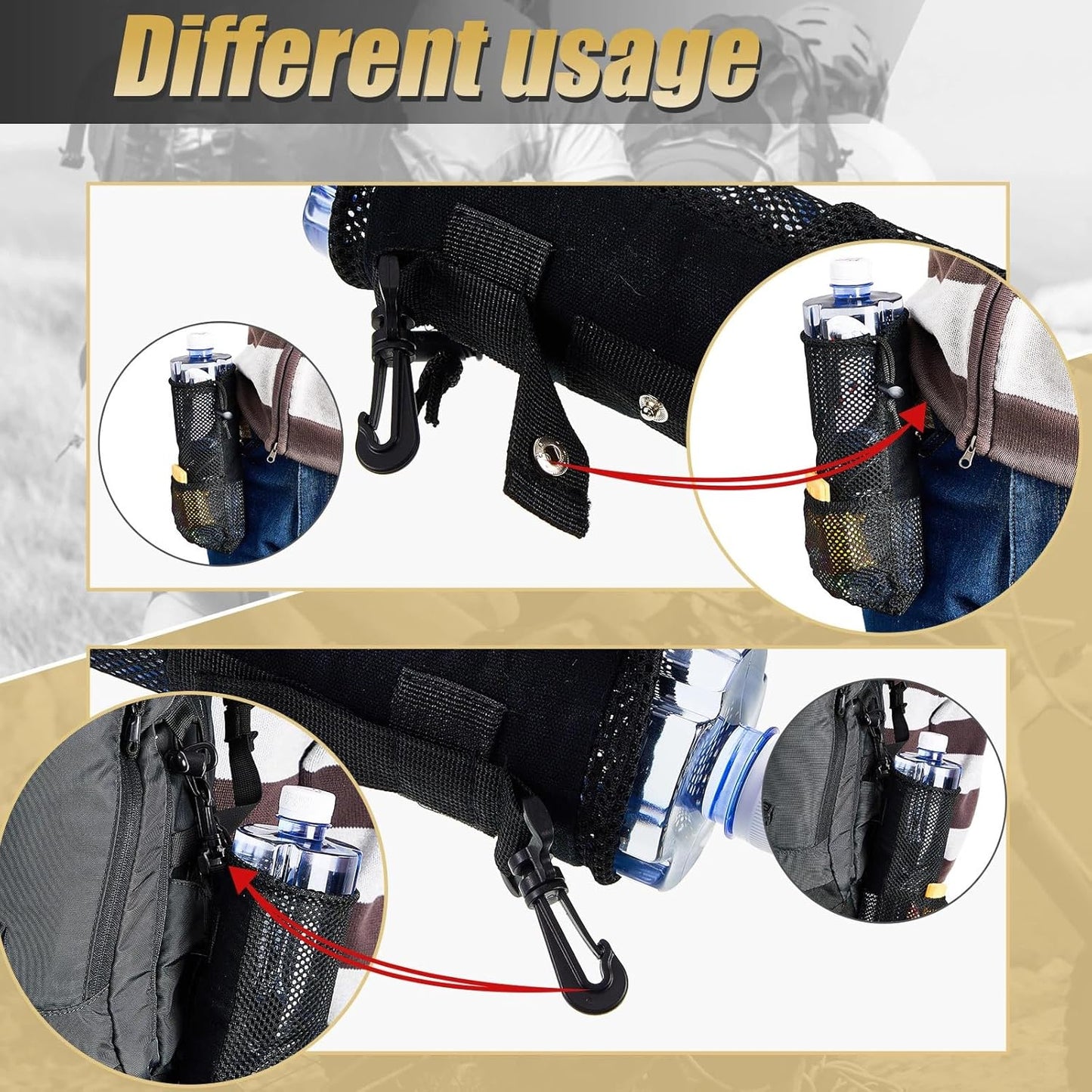 2 Pcs Water Bottle Holder for Backpack Foldable Mesh and Snack Adjustable Pouch Tactical Attachments Carrier Hiking Bicycle(Black) -