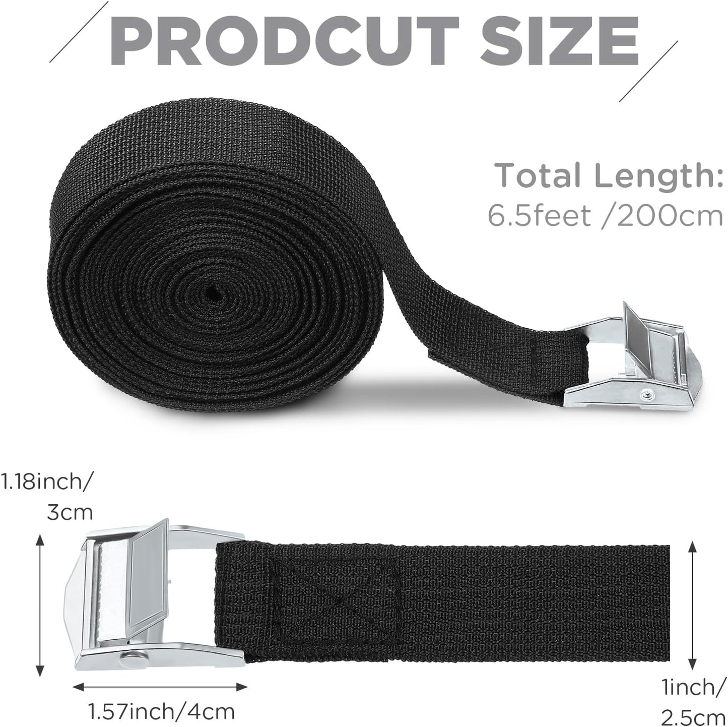 15 Pack 6.5 Feet Lashing Straps Adjustable Kayaks Tie Down Cam Buckle with Buckles up to 250lbs for Cargo, Luggage, Motorcycles, Truck, Car Roof Rack, Sup Surfboard(Black) Black