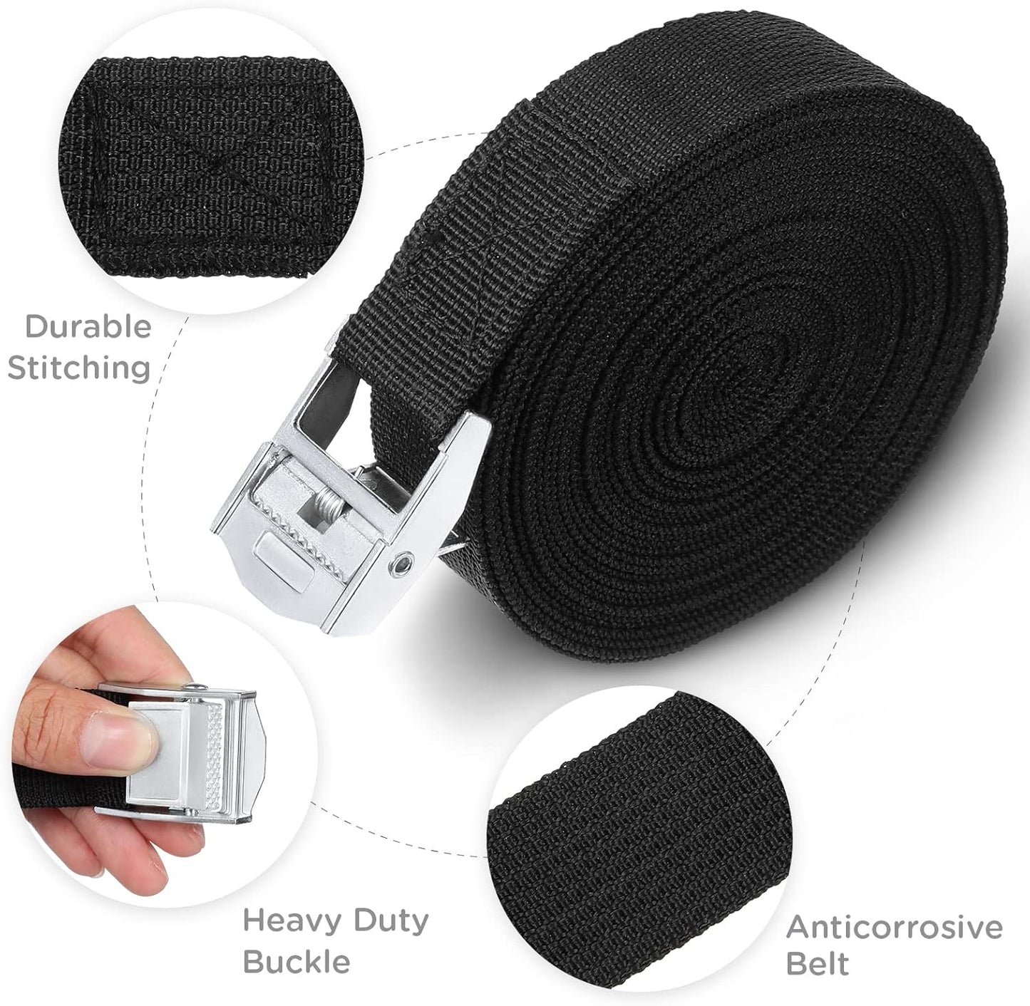15 Pack 6.5 Feet Lashing Straps Adjustable Kayaks Tie Down Cam Buckle with Buckles up to 250lbs for Cargo, Luggage, Motorcycles, Truck, Car Roof Rack, Sup Surfboard(Black) Black