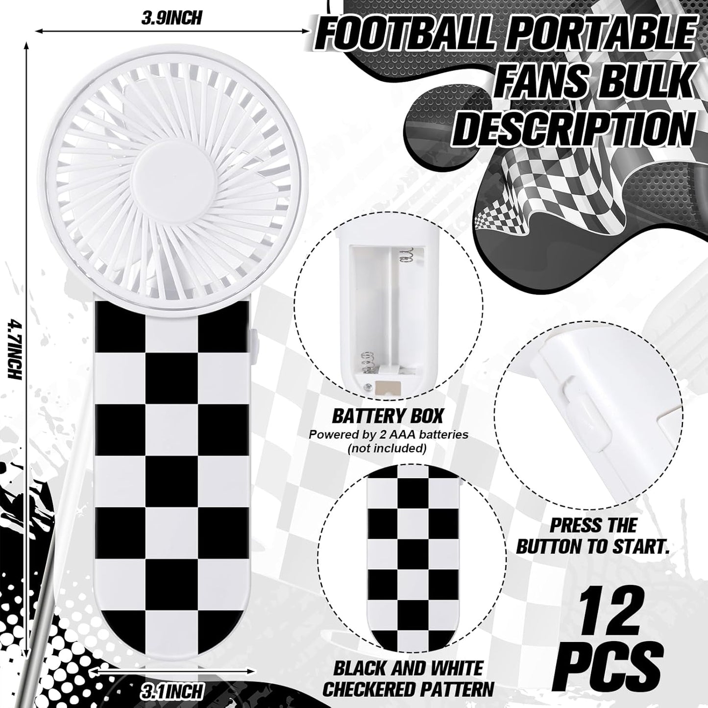 12 Pcs Race Car Party Favors Portable Fan Bulk Mini Handheld Personal Fans Checkered Black and White for Team Gift Travel Summer Outdoor Decorations -