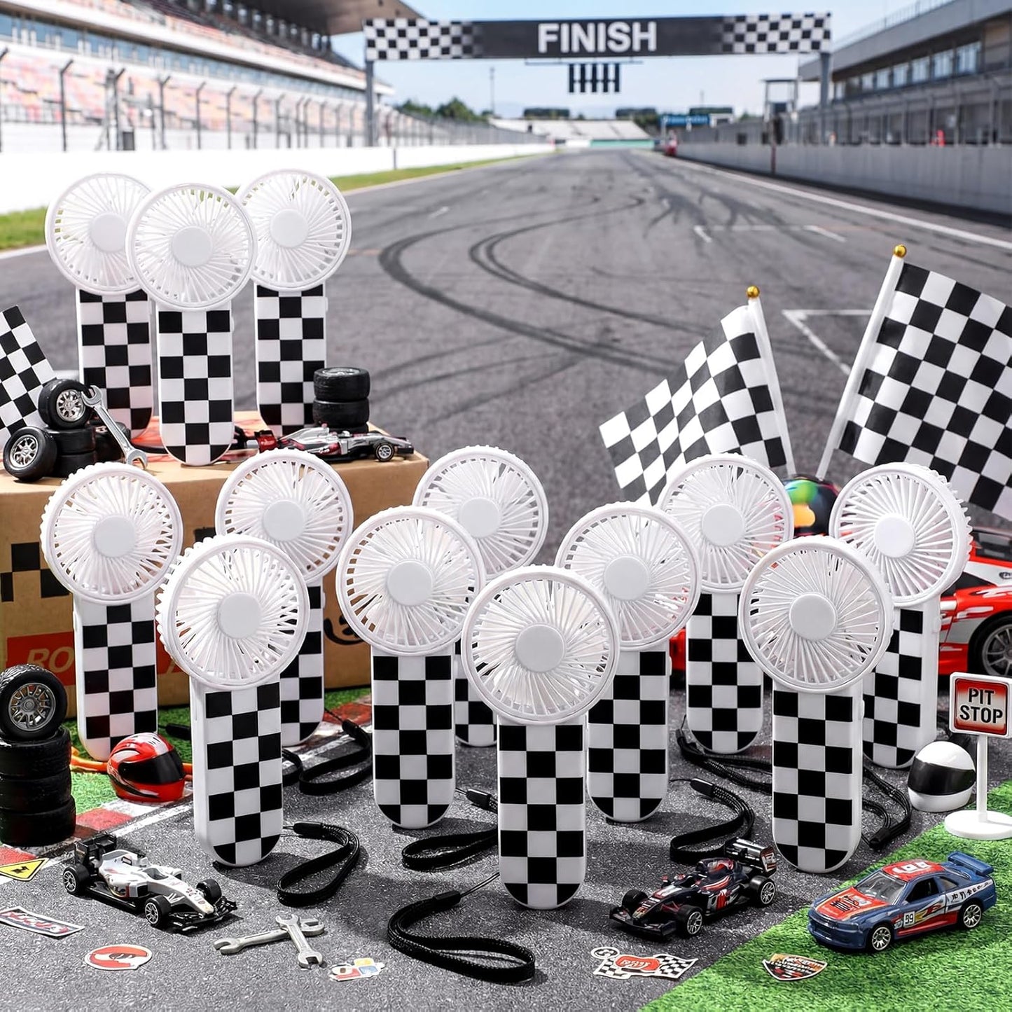 12 Pcs Race Car Party Favors Portable Fan Bulk Mini Handheld Personal Fans Checkered Black and White for Team Gift Travel Summer Outdoor Decorations -