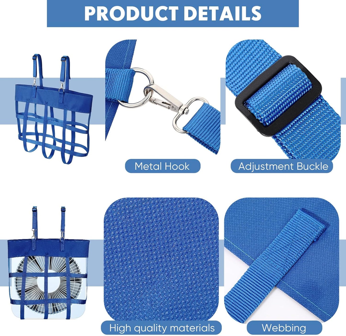 2 Pcs Classic Box Fan Holder for Horse Stall Adjustable Equine Bag Hanging Stable Supplies Metal Hook Accessories, Blue -