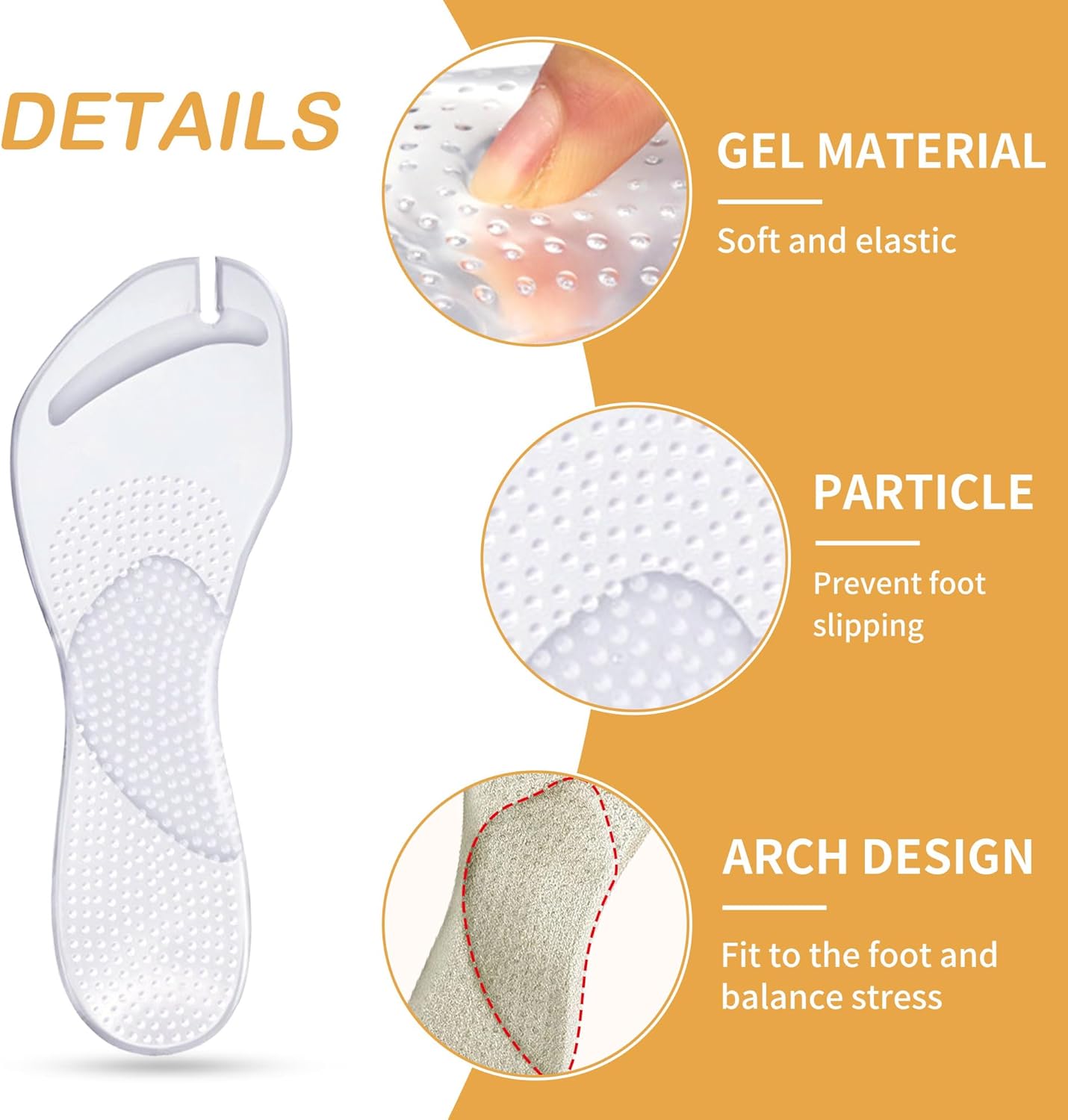 2 Pairs Gel Arch Support Cushion Insoles Adhesive Silicone Flip Flop Thong Inserts Invisible Slim Pain Relief Anti-Slip Shock Absorption Plantar Fasciitis Clear L
