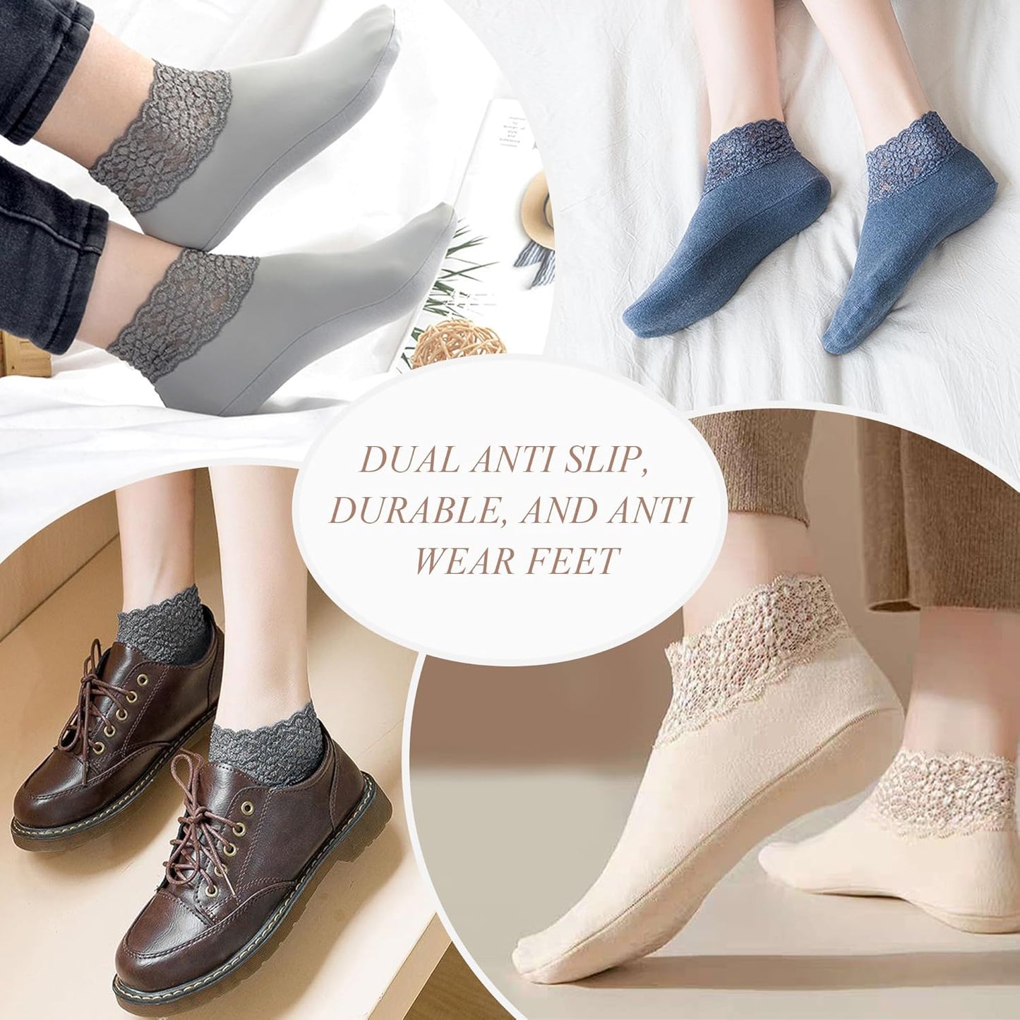 3Pairs Lace Socks No Show Frilly Ankle Knit Cotton Non Slip Low Cut for Women Floor Beige One Size