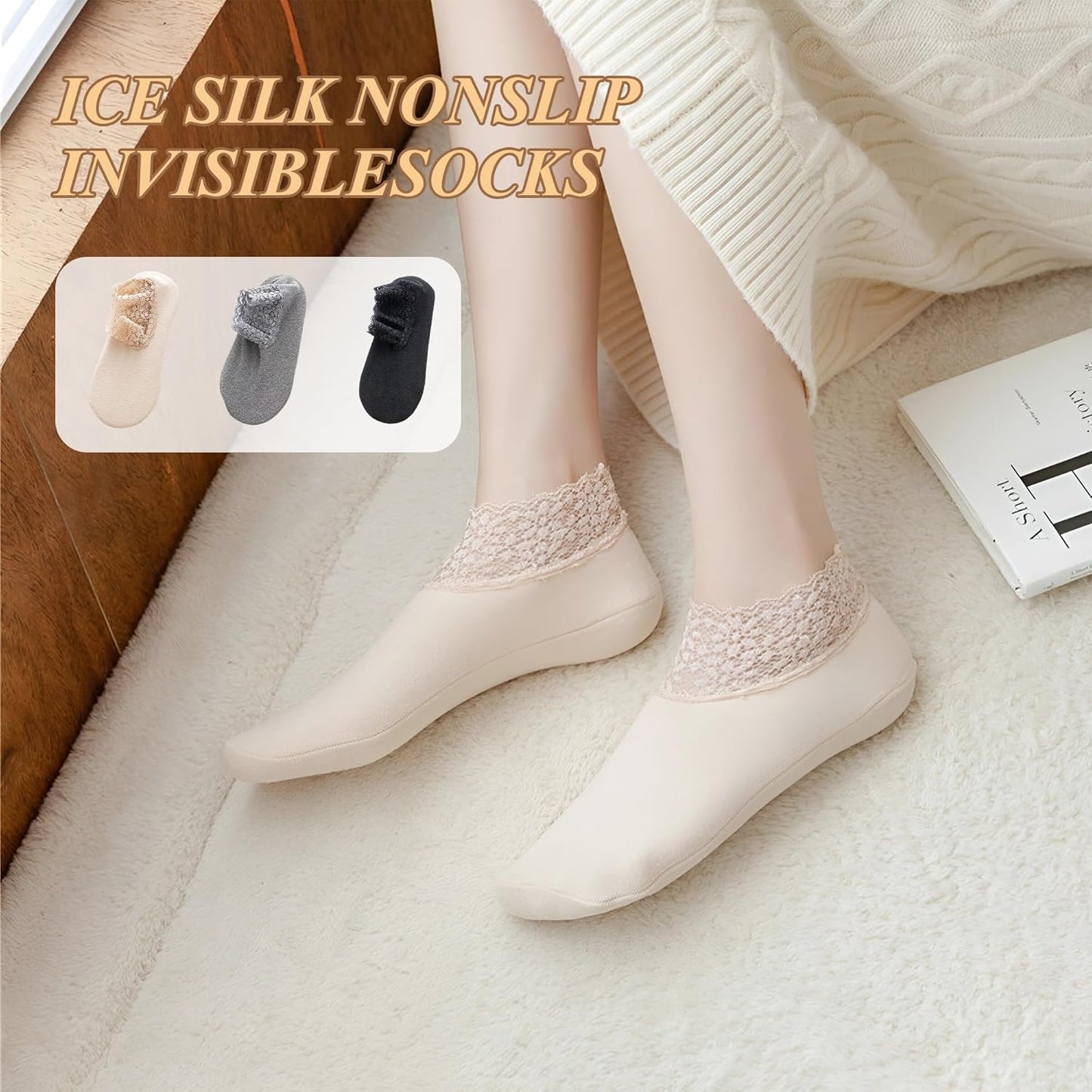 3Pairs Lace Socks No Show Frilly Ankle Knit Cotton Non Slip Low Cut for Women Floor Beige One Size