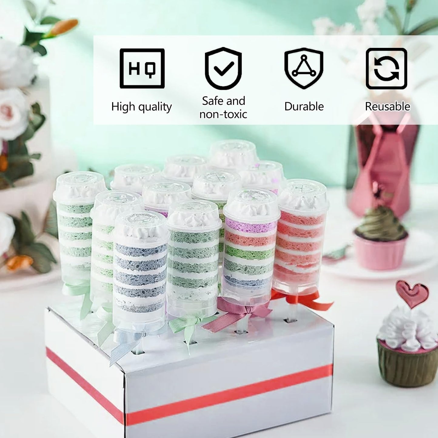 60 pcs Round Shape Clear Push-Up Cake Pop Shooter (Push Up Pops) Plastic Containers with Lids, Base & Stick